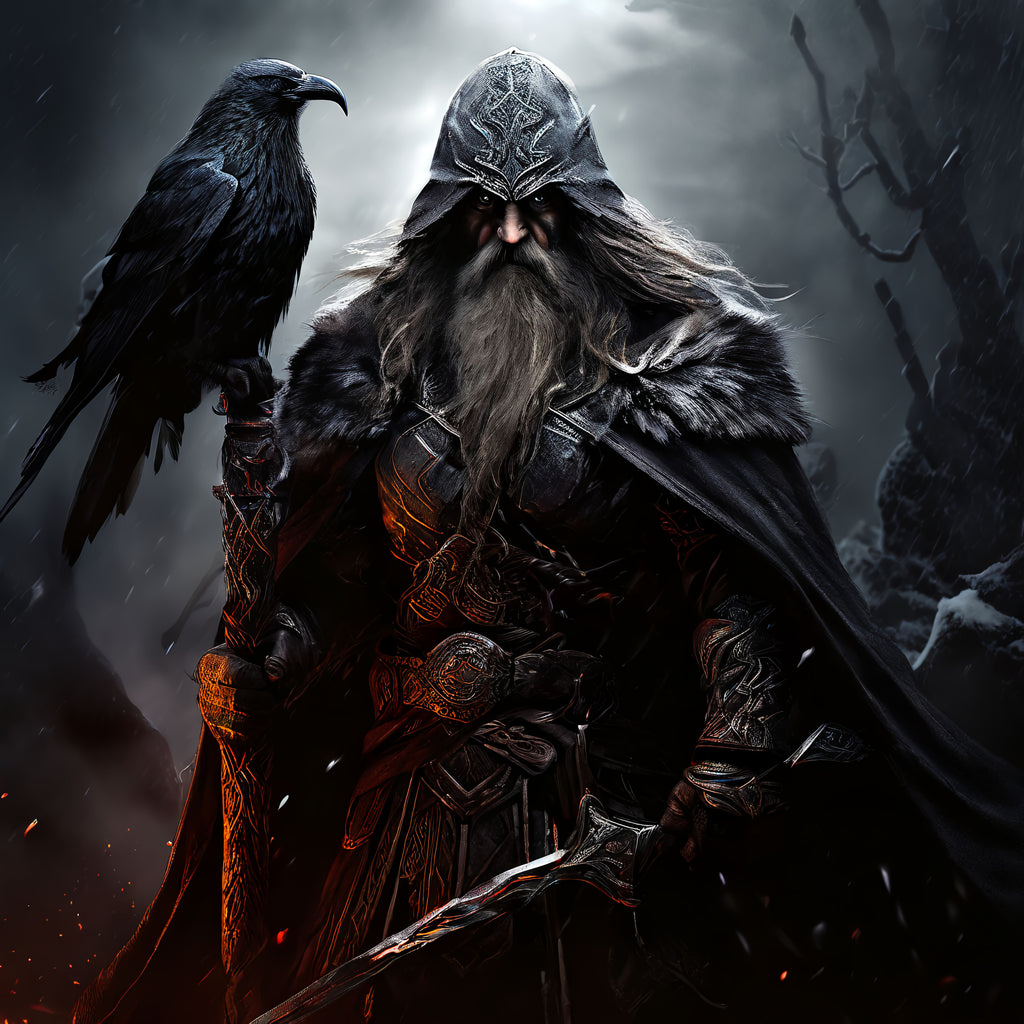 Framed Odin Norse god wall art with raven companion and spear Gungnir