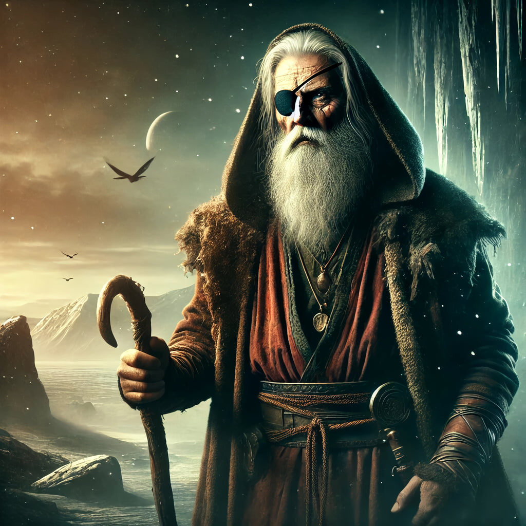 Framed Odin the Wanderer wall art depicting the All-Father walking through a frozen landscape