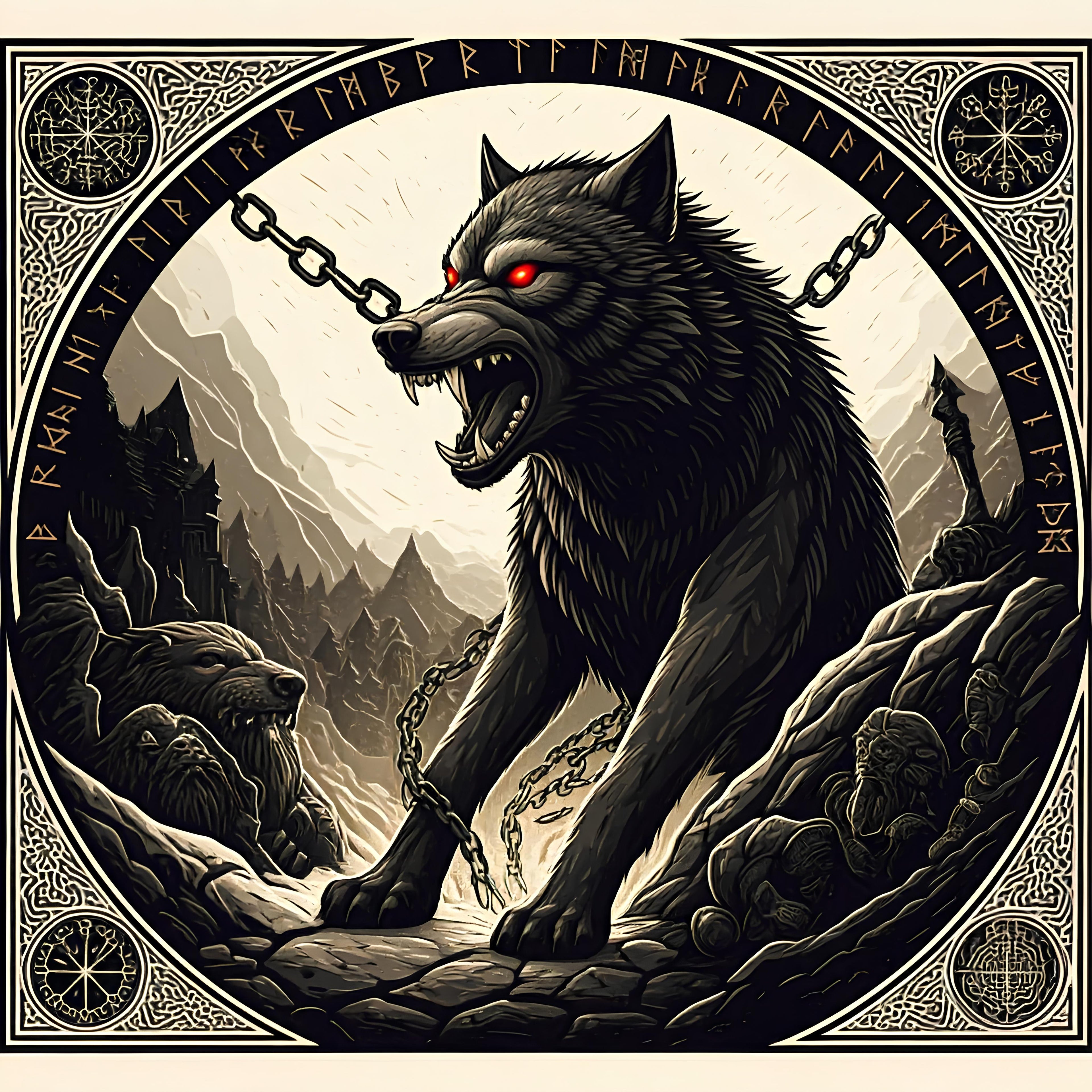 Framed Fenrir wolf wall art depicting the bound wolf of Norse prophecy