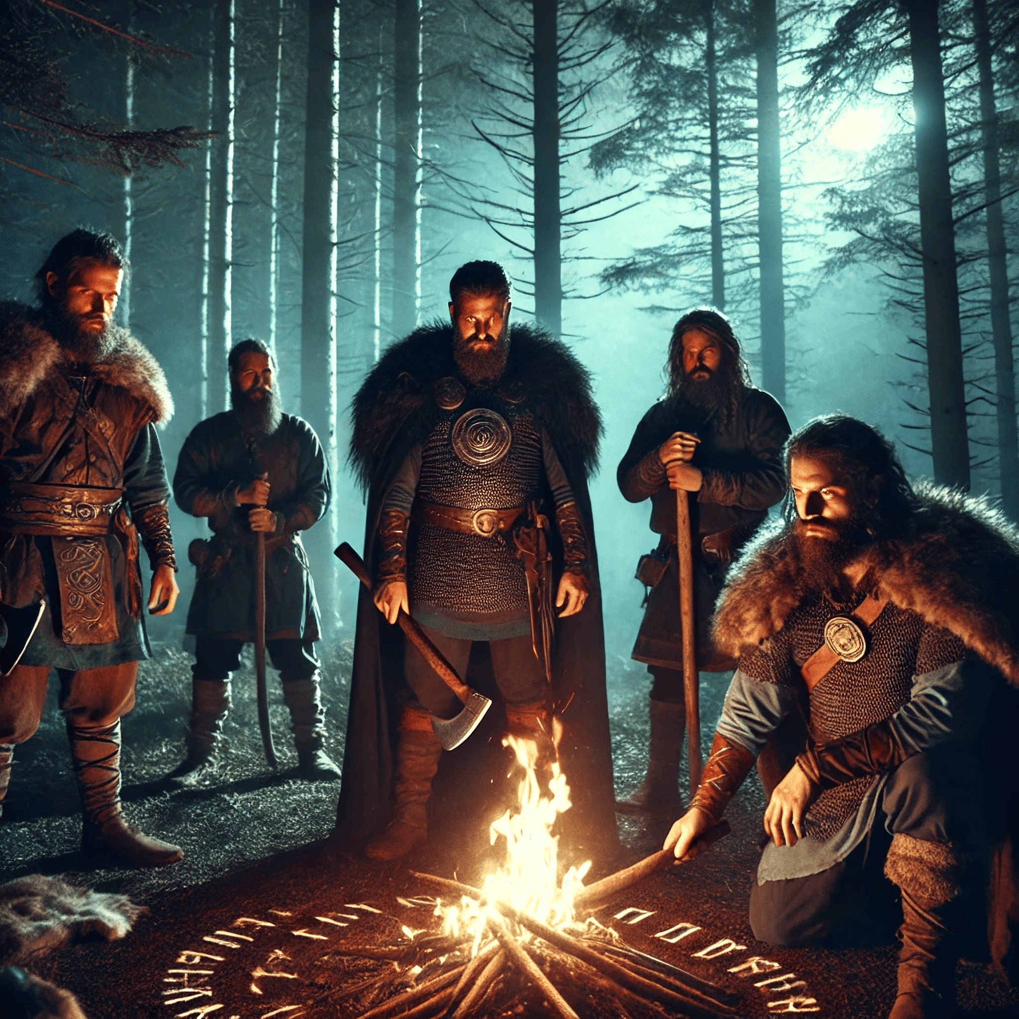 Framed Viking rune ritual wall art showing warriors gathered around sacred fire