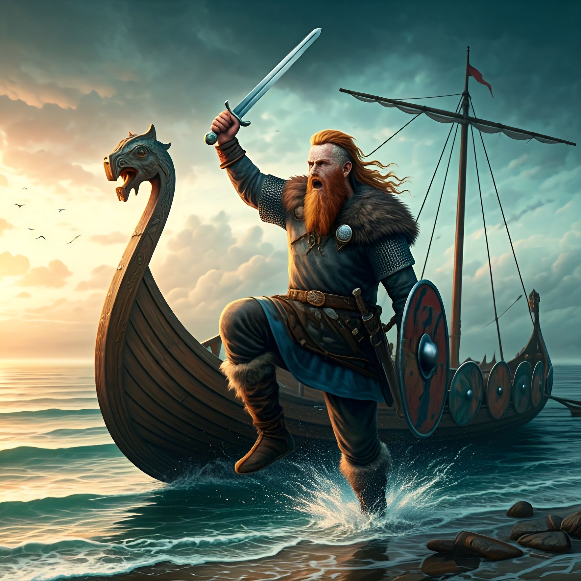 Framed Viking berserker battle wall art showing warrior leaping from longship