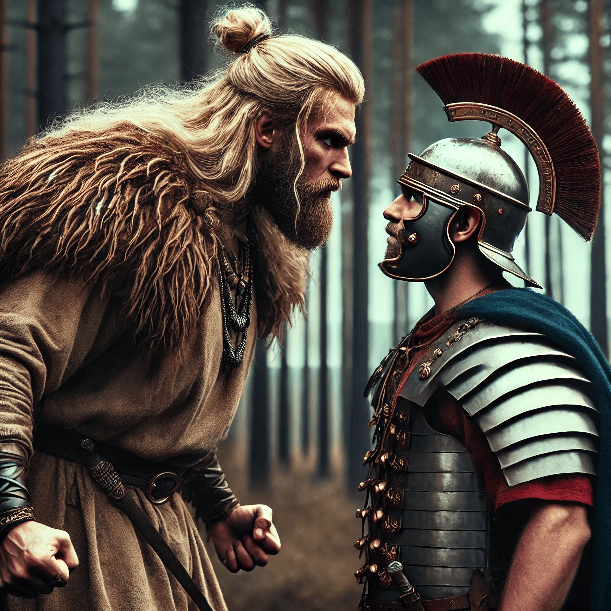 Framed Germanic warrior vs Roman soldier wall art depicting ancient standoff