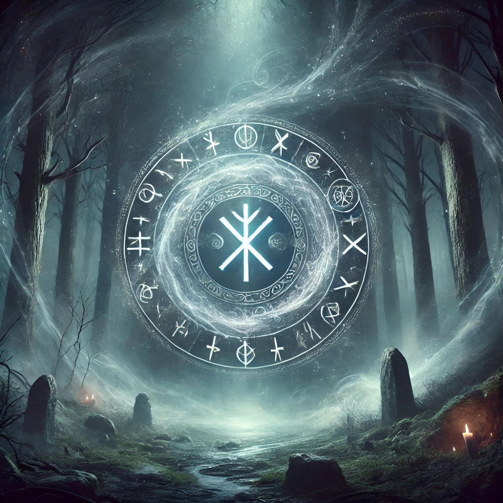 Framed Norse rune portal wall art depicting glowing runic gateway in forest