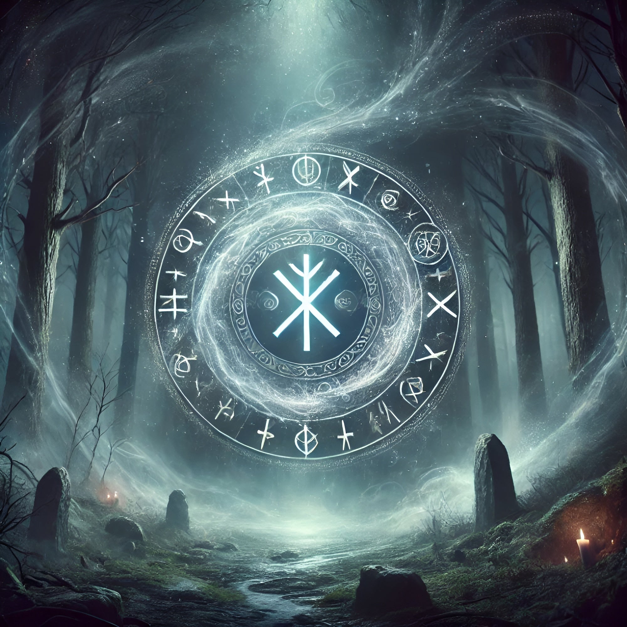 Framed Norse rune portal wall art depicting glowing runic gateway in forest