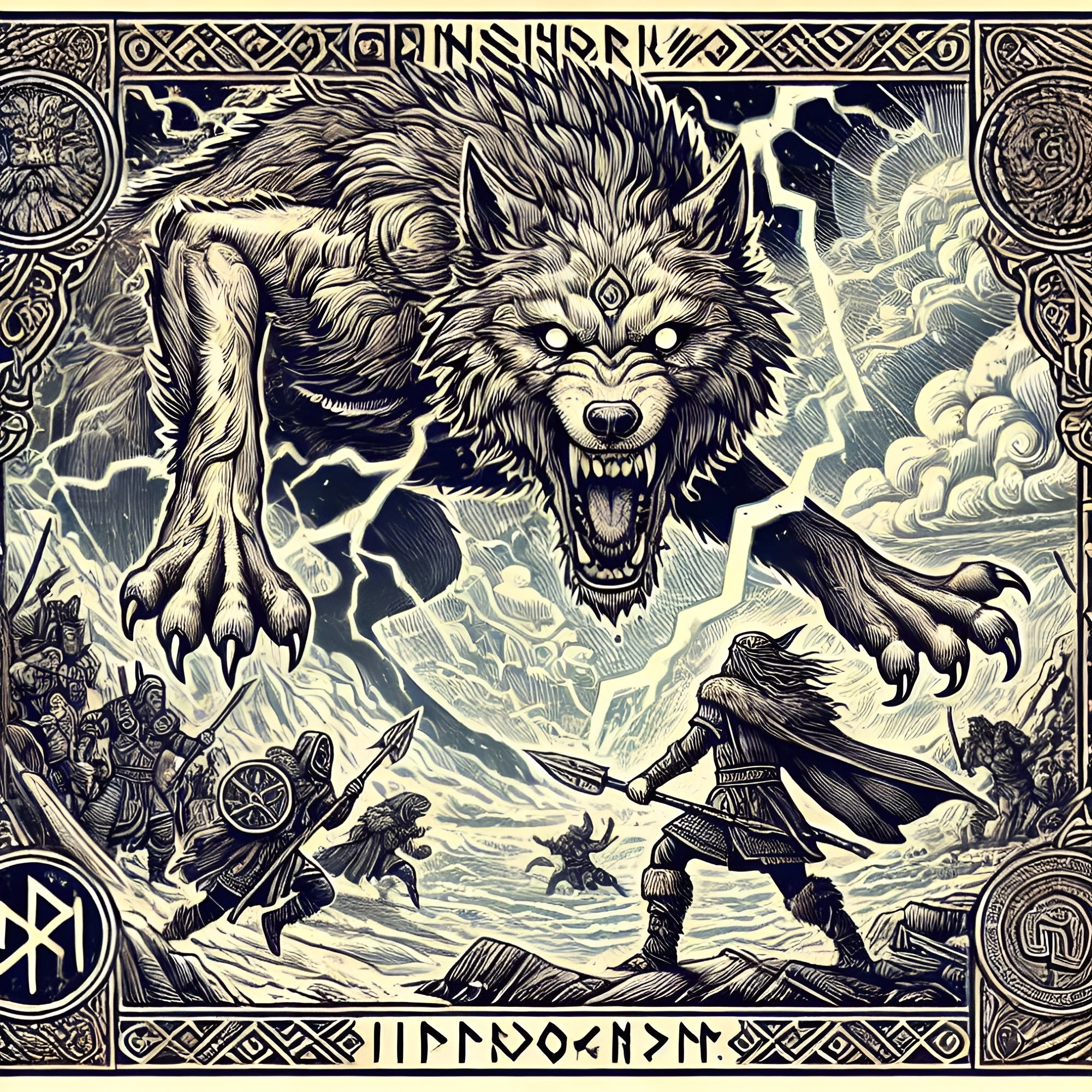 Framed Odin vs Fenrir wall art depicting the Ragnarök final battle