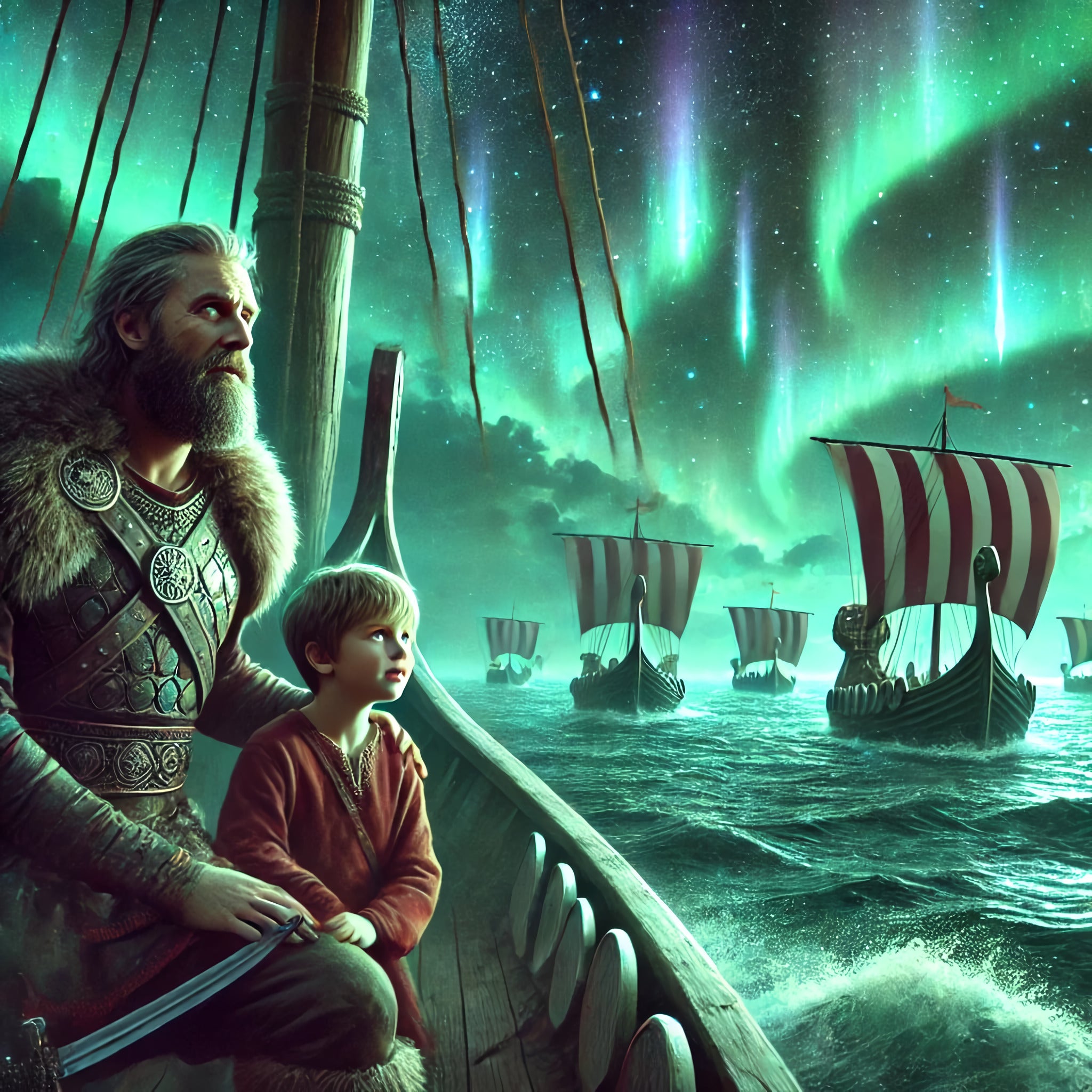 Framed Viking heritage wall art showing elder guiding youth beneath northern lights