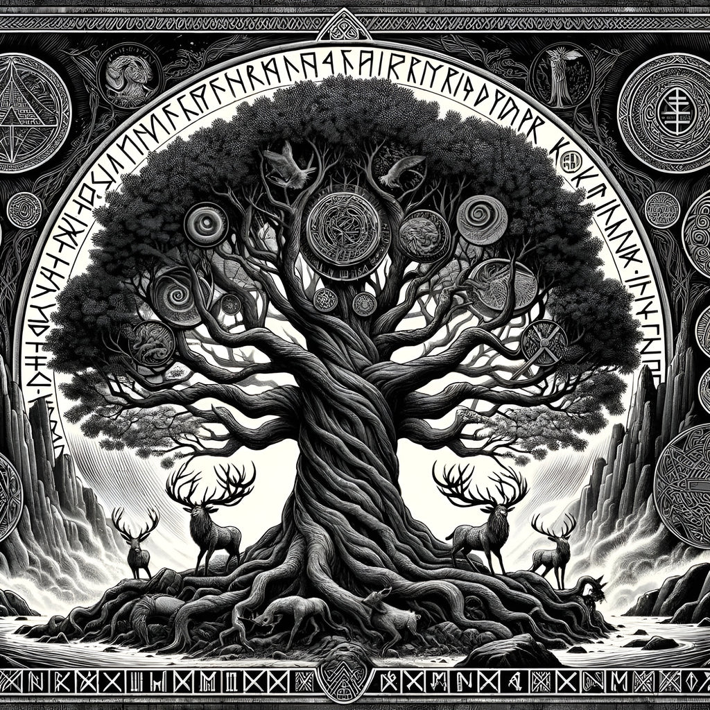 Framed Yggdrasil woodcut wall art depicting the Norse World Tree and Nine Realms