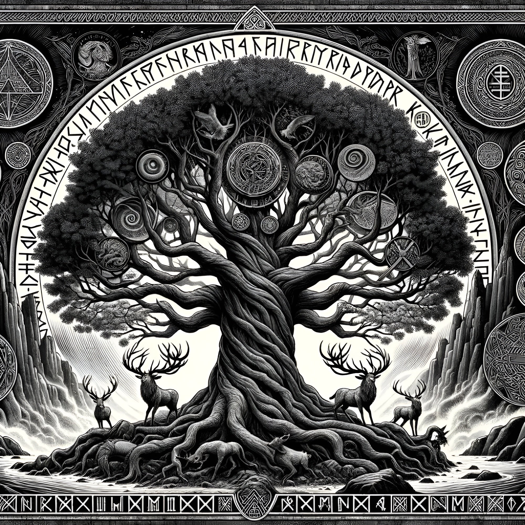 Framed Yggdrasil woodcut wall art depicting the Norse World Tree and Nine Realms