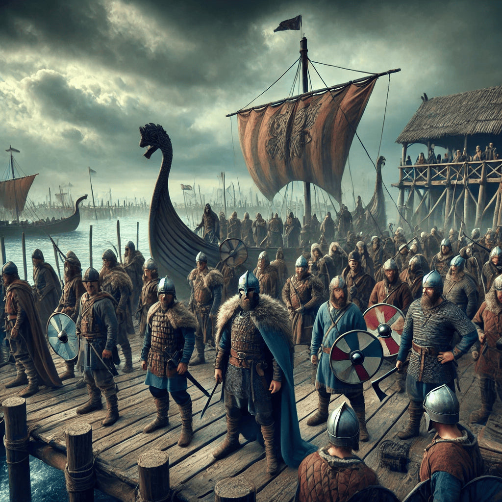 Framed Viking warband wall art showing warriors marching toward longships