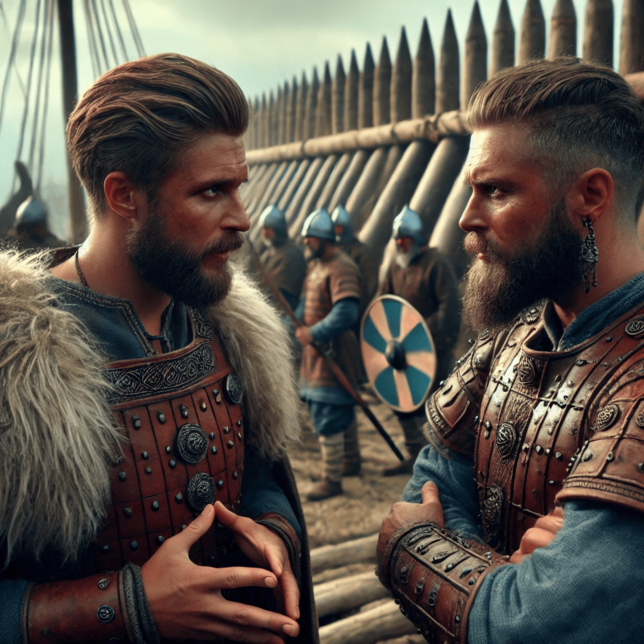 Framed Viking council wall art depicting Norse chieftains in strategic discussion