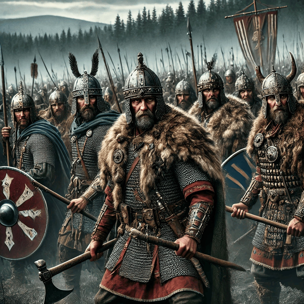 Framed Germanic wall art showing a Suebi warband waiting at the forest edge