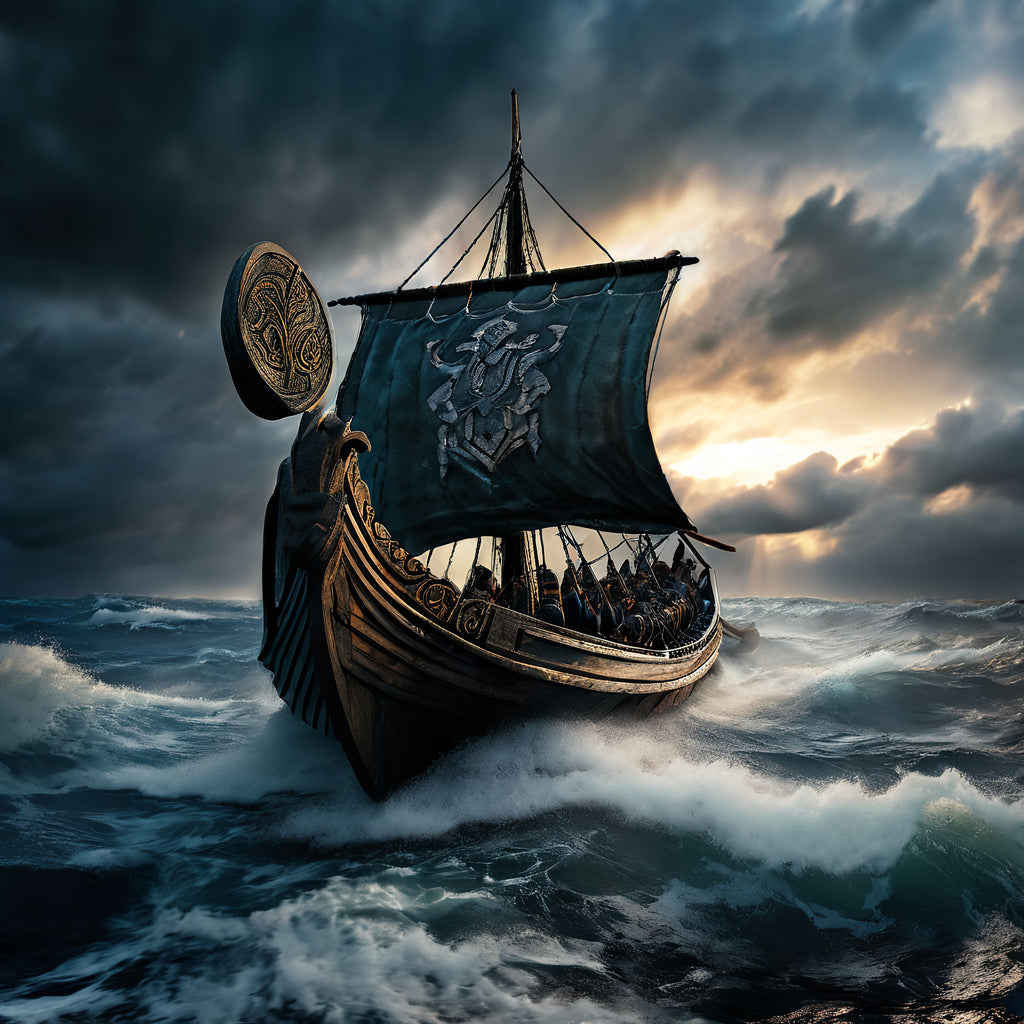Framed Viking longship battle wall art cutting through stormy seas