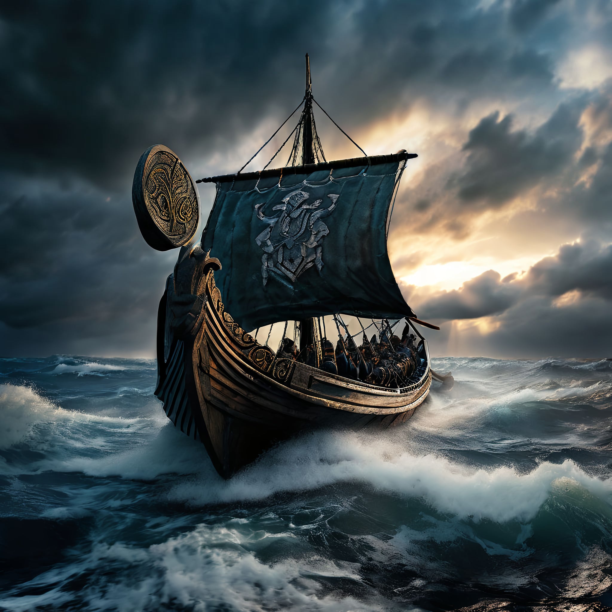 Framed Viking longship battle wall art cutting through stormy seas