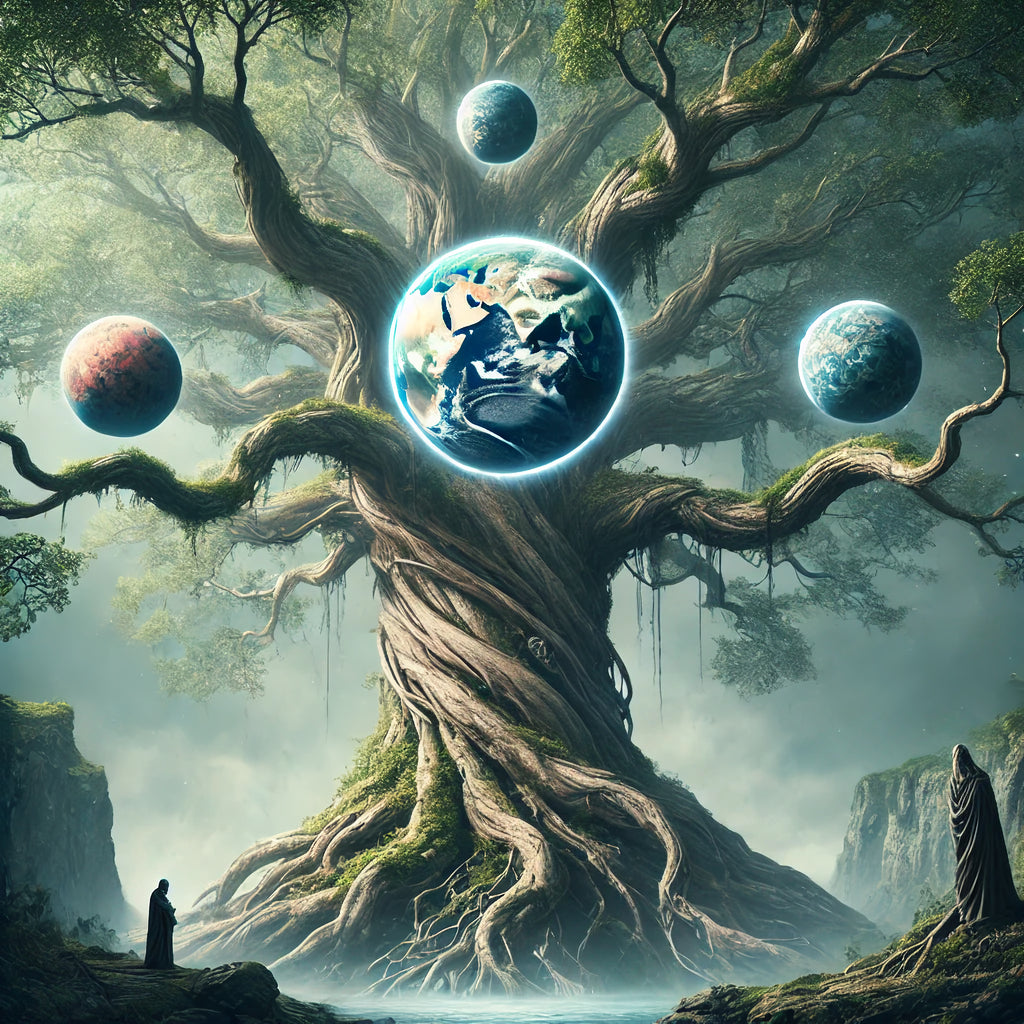 Framed Norse world tree wall art depicting Yggdrasil connecting the nine realms
