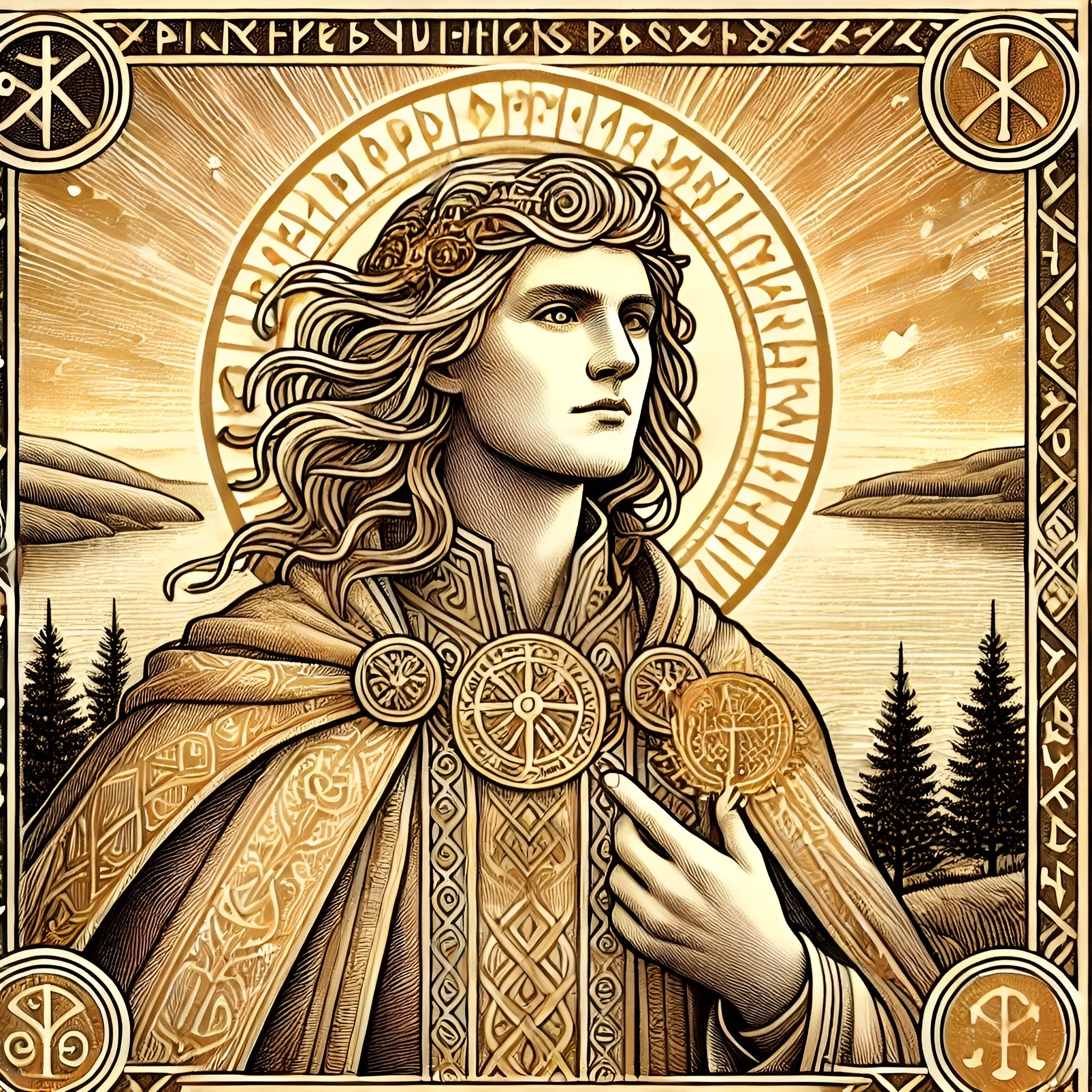 Framed Norse god wall art depicting Balder in radiant woodcut style