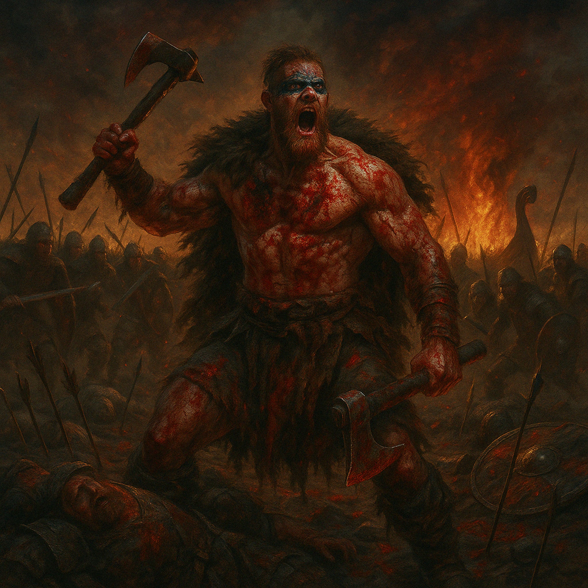 Framed Viking berserker wall art showing a bloodied warrior roaring in battle with axes raised