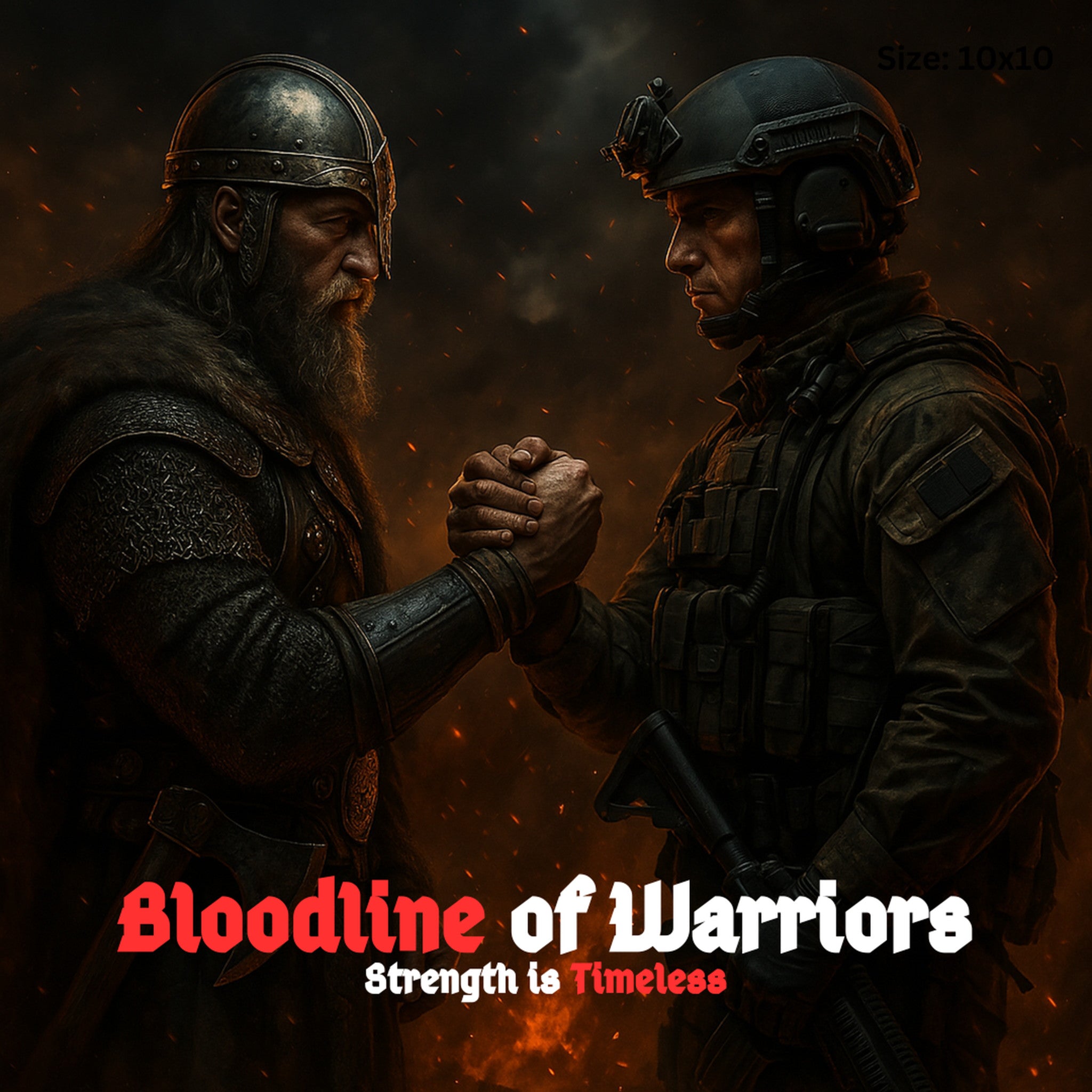 Framed warrior legacy wall art showing a Viking and modern soldier shaking hands across eras