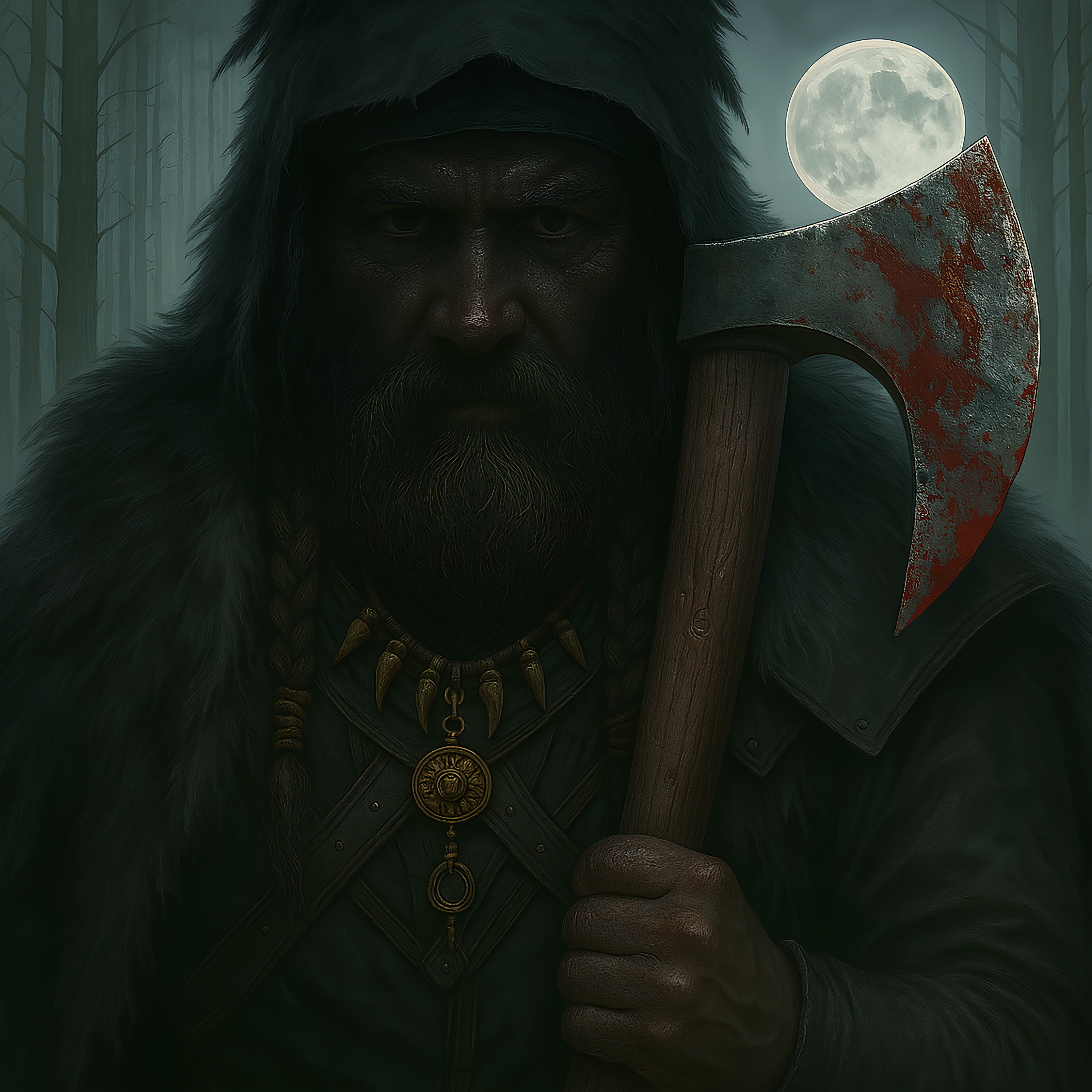 Framed Viking berserker wall art showing a dark warrior with axe inspired by the Harii tribe
