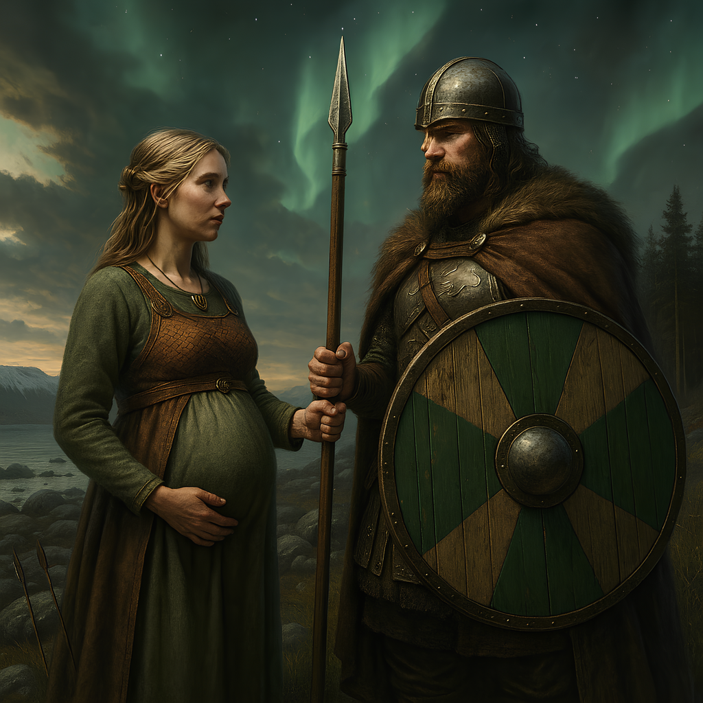Framed Norse saga wall art showing a Viking warrior parting from his pregnant wife under northern lights