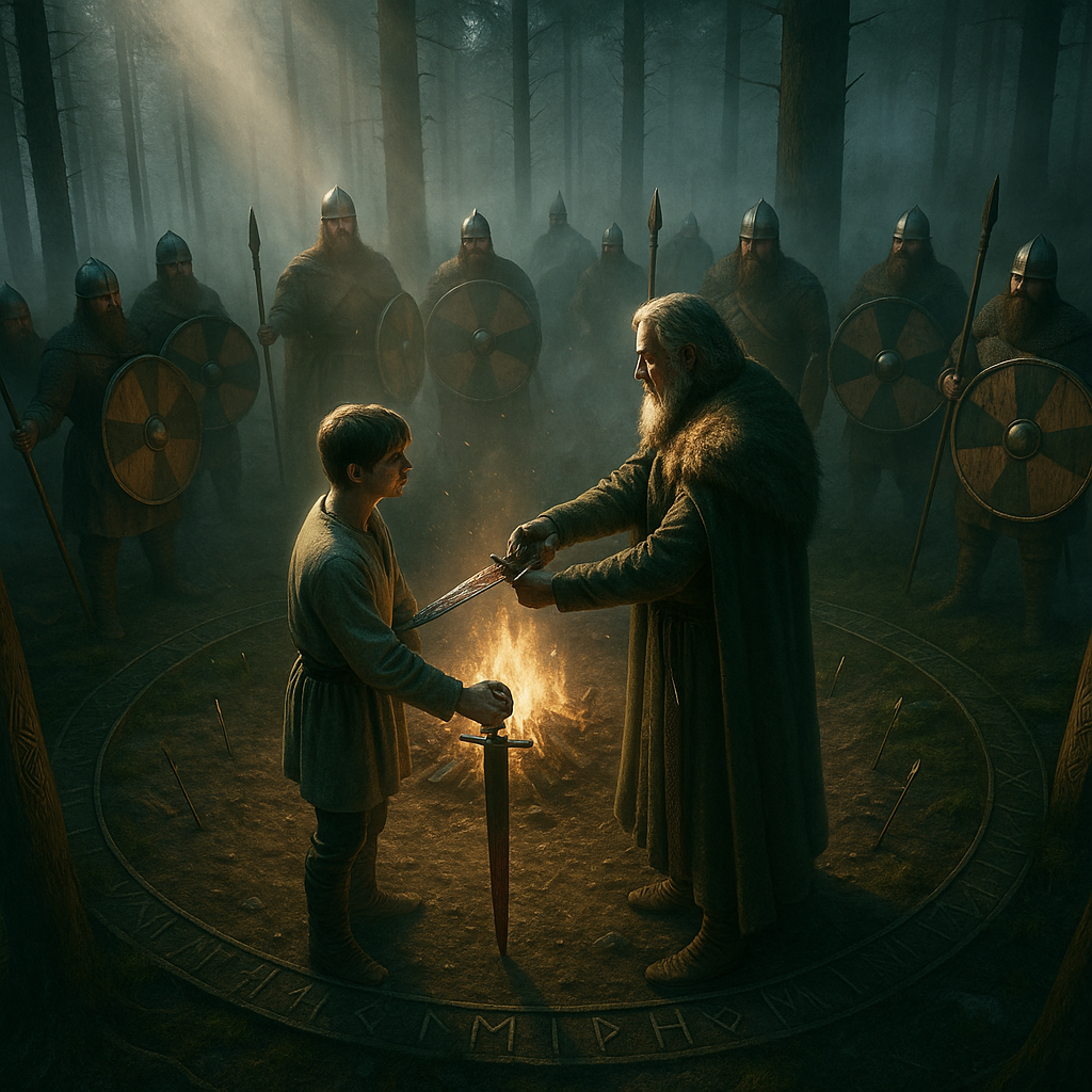 Framed Norse wall art depicting a Viking coming-of-age ritual where a blade is given to a young warrior