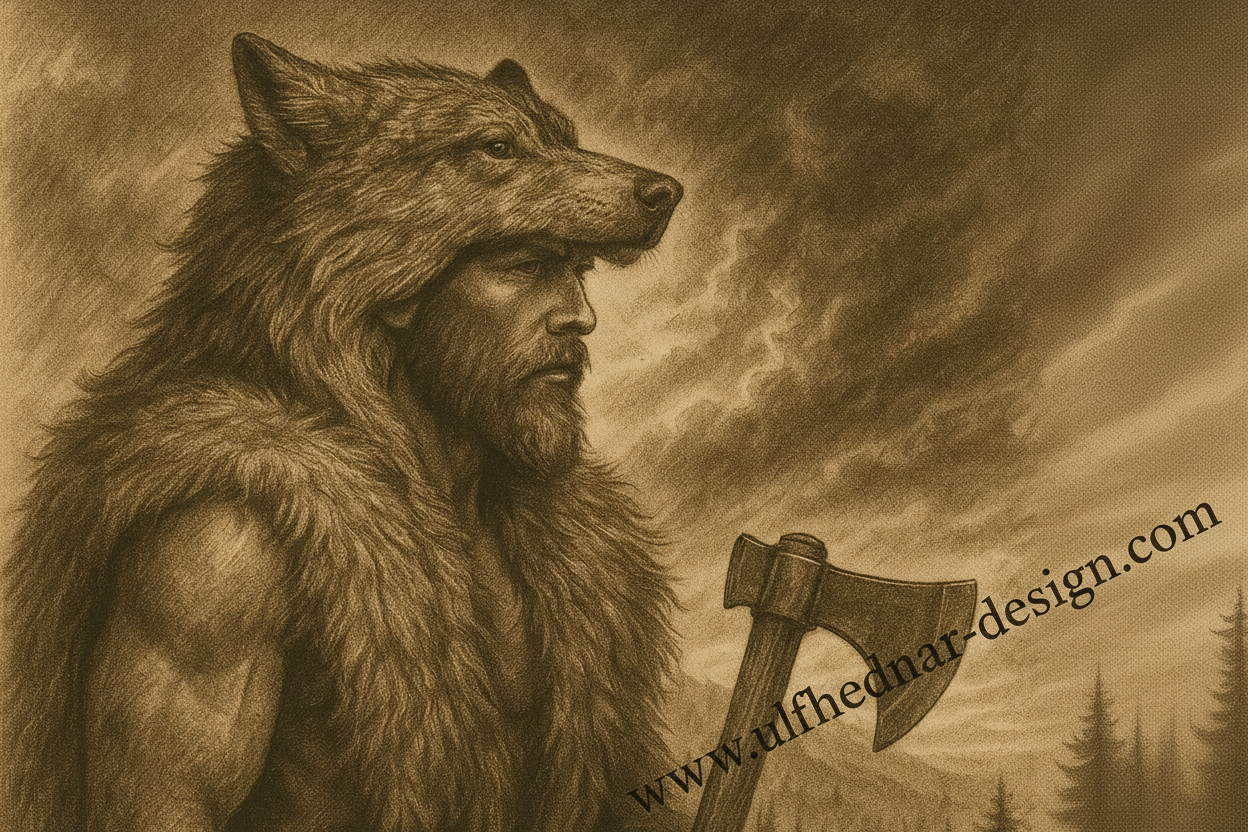 Framed Viking wall art depicting an Ulfhednar berserker wearing a wolf pelt and holding an axe