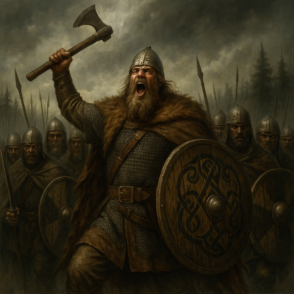 Framed Viking wall art depicting Harald Hardrada leading a final charge at the Battle of Stamford Bridge