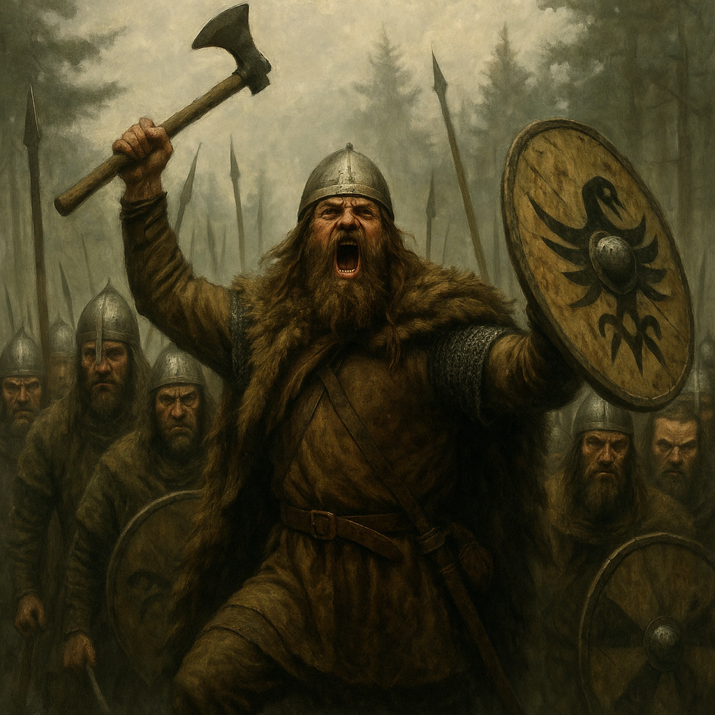 Framed ancient Germanic wall art depicting Ariovist, king of the Suebi, leading warriors into battle