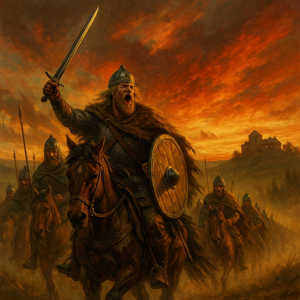 Framed Gothic wall art depicting Theodoric the Great leading a cavalry charge in early medieval battle