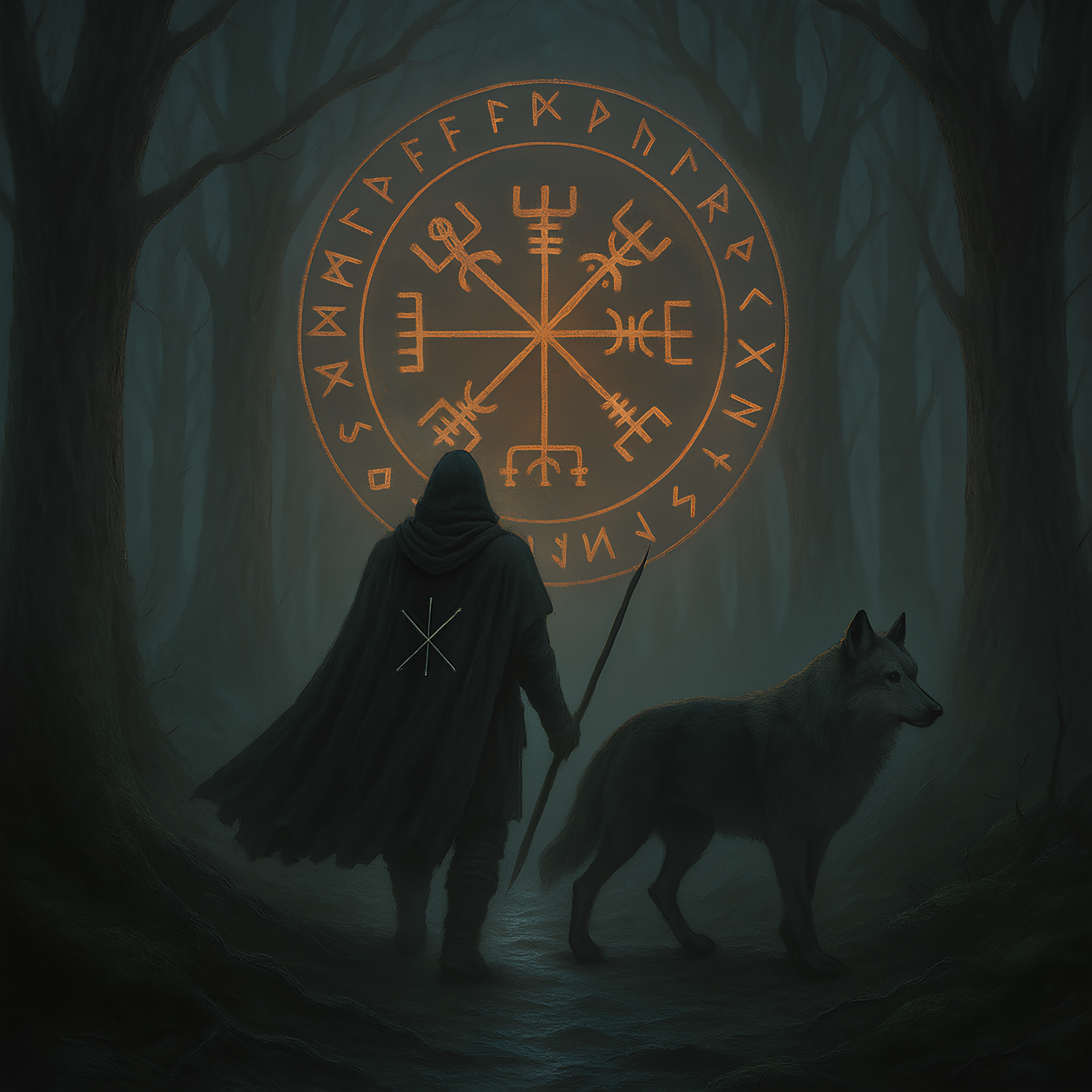 Framed Norse wall art featuring the Vegvísir compass, a lone wanderer, and a wolf in a dark forest