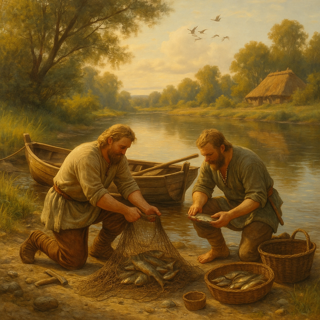 Framed Viking wall art showing two Norse fishermen sorting their catch beside a calm river at dawn