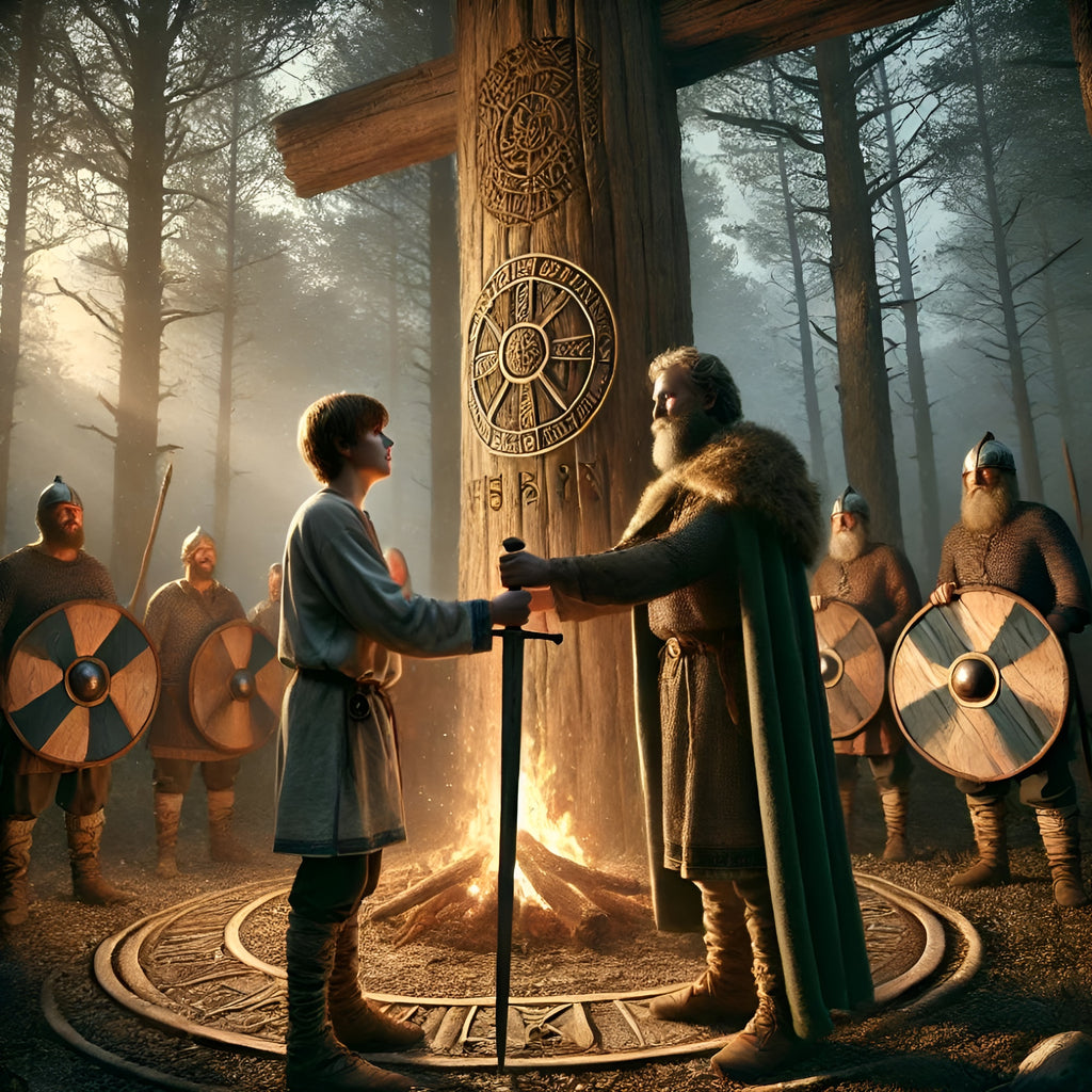 Framed Viking warrior initiation art print showing sword oath ritual by fire