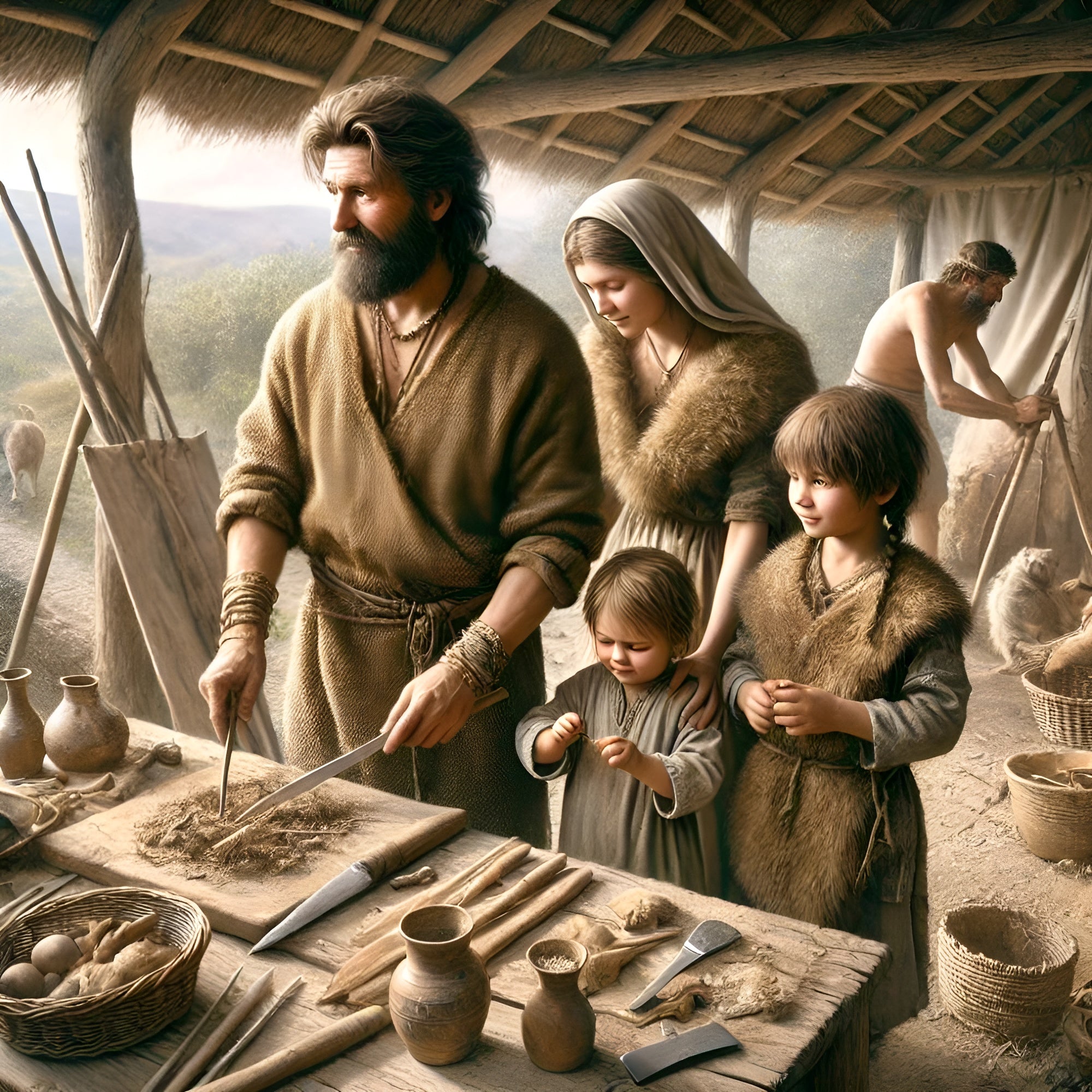 Framed Neolithic family life art print showing early farming household at the hearth