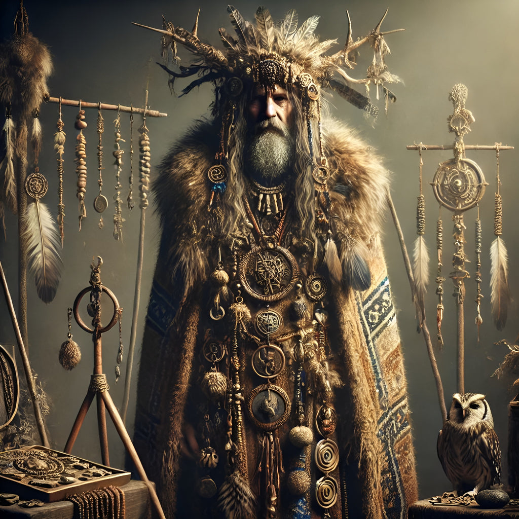 Framed prehistoric shaman wall art featuring Neolithic ritual leader with talismans