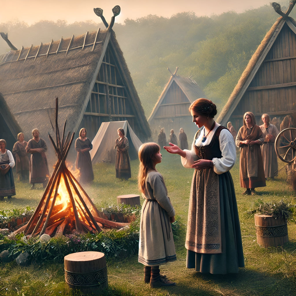Framed Germanic folklore wall art showing village storytelling by firelight at dusk