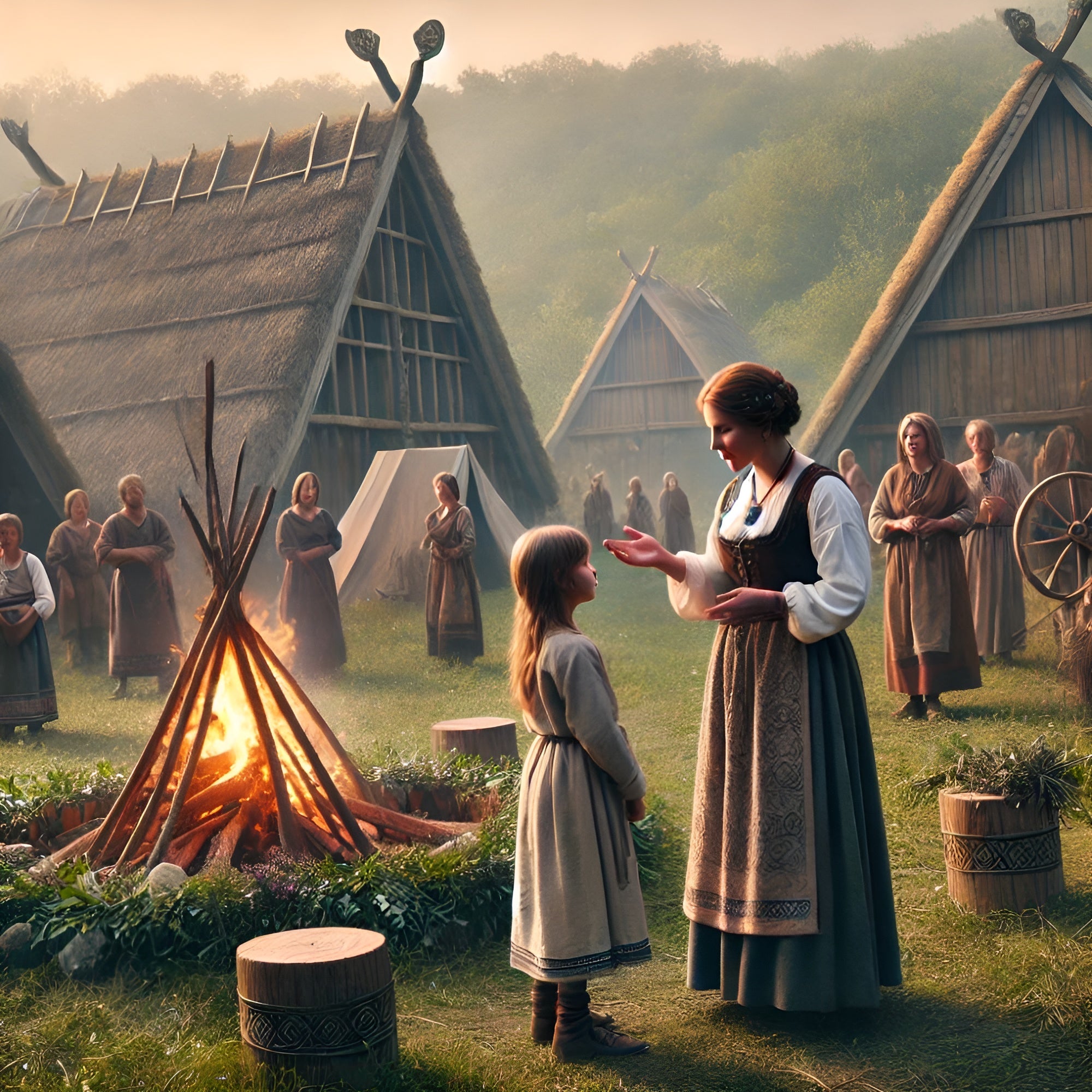 Framed Germanic folklore wall art showing village storytelling by firelight at dusk
