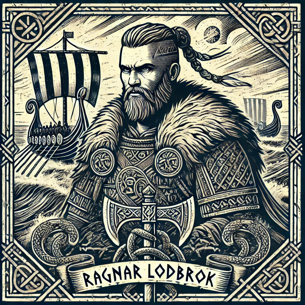 Framed Viking wall art depicting Ragnar Lodbrok with axes and longships in woodcut style