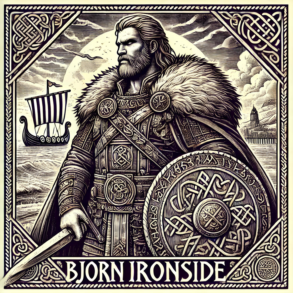 Framed Viking warrior wall art depicting Bjorn Ironside with sword and wolf cloak