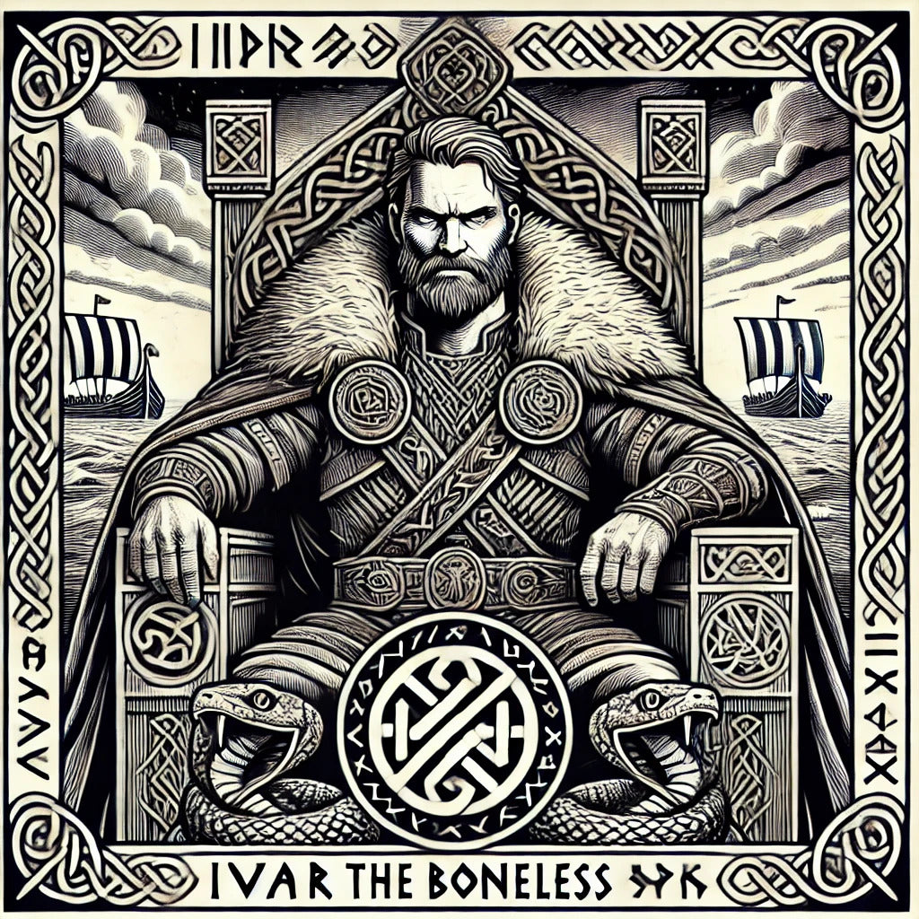 Framed Viking wall art depicting Ivar the Boneless seated as a Norse warlord with runic throne
