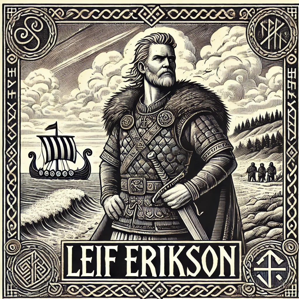 Framed Viking explorer wall art depicting Leif Erikson at the edge of Vinland