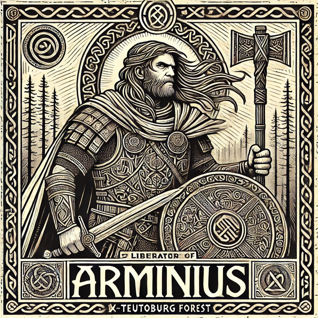 Framed Germanic wall art depicting Arminius standing in the Teutoburg Forest after battle