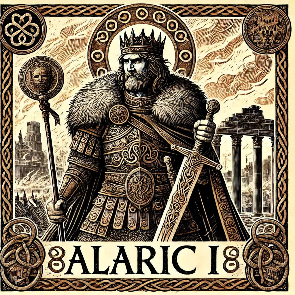 Framed Visigoth king wall art depicting Alaric I amid the ruins of Rome, late antique warrior artwork