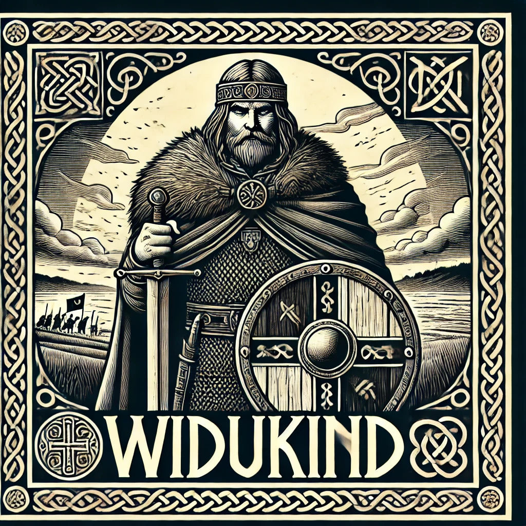 Framed Saxon leader wall art depicting Widukind with seax and cloak, early medieval Germanic resistance artwork