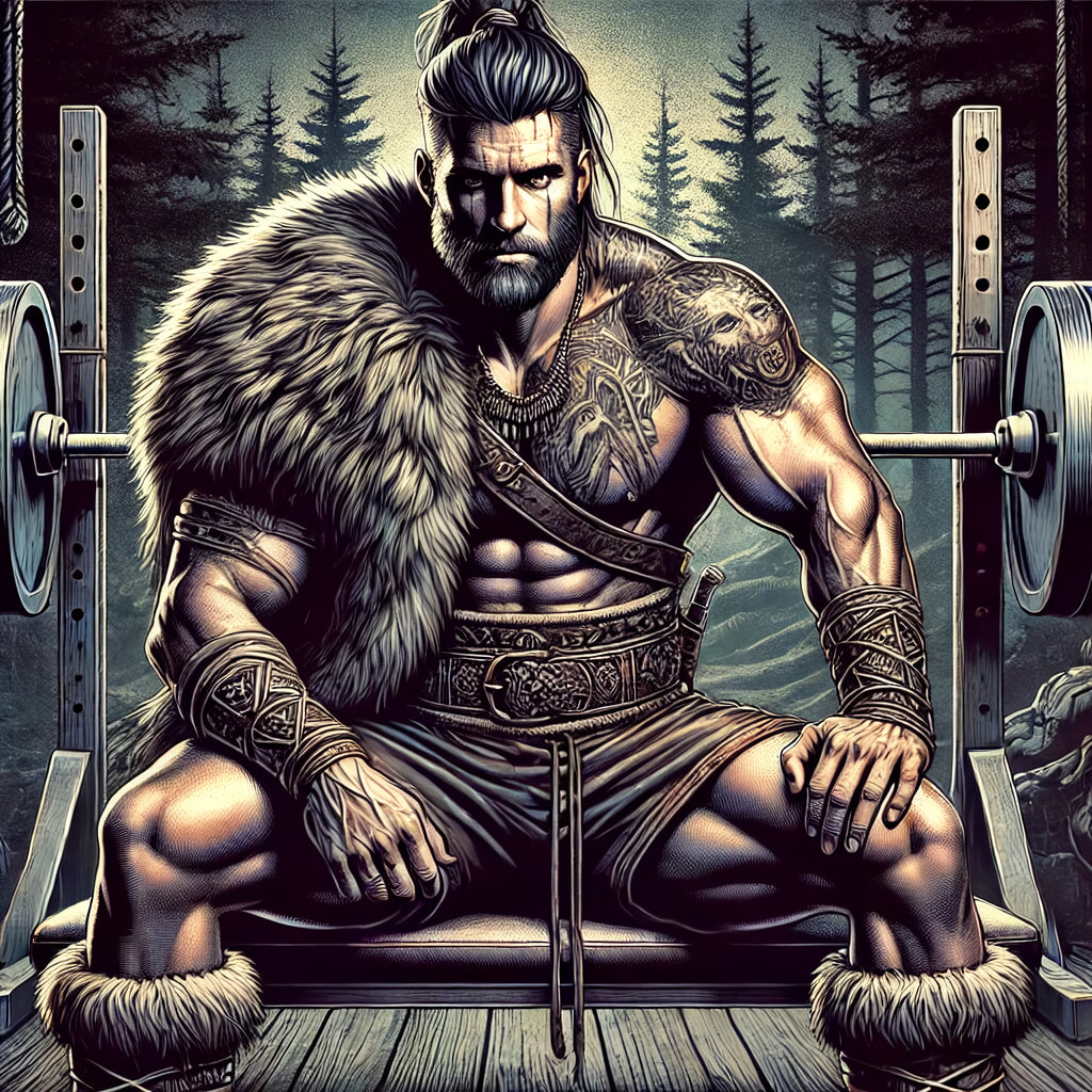 Viking berserker gym wall art showing warrior resting on weight bench
