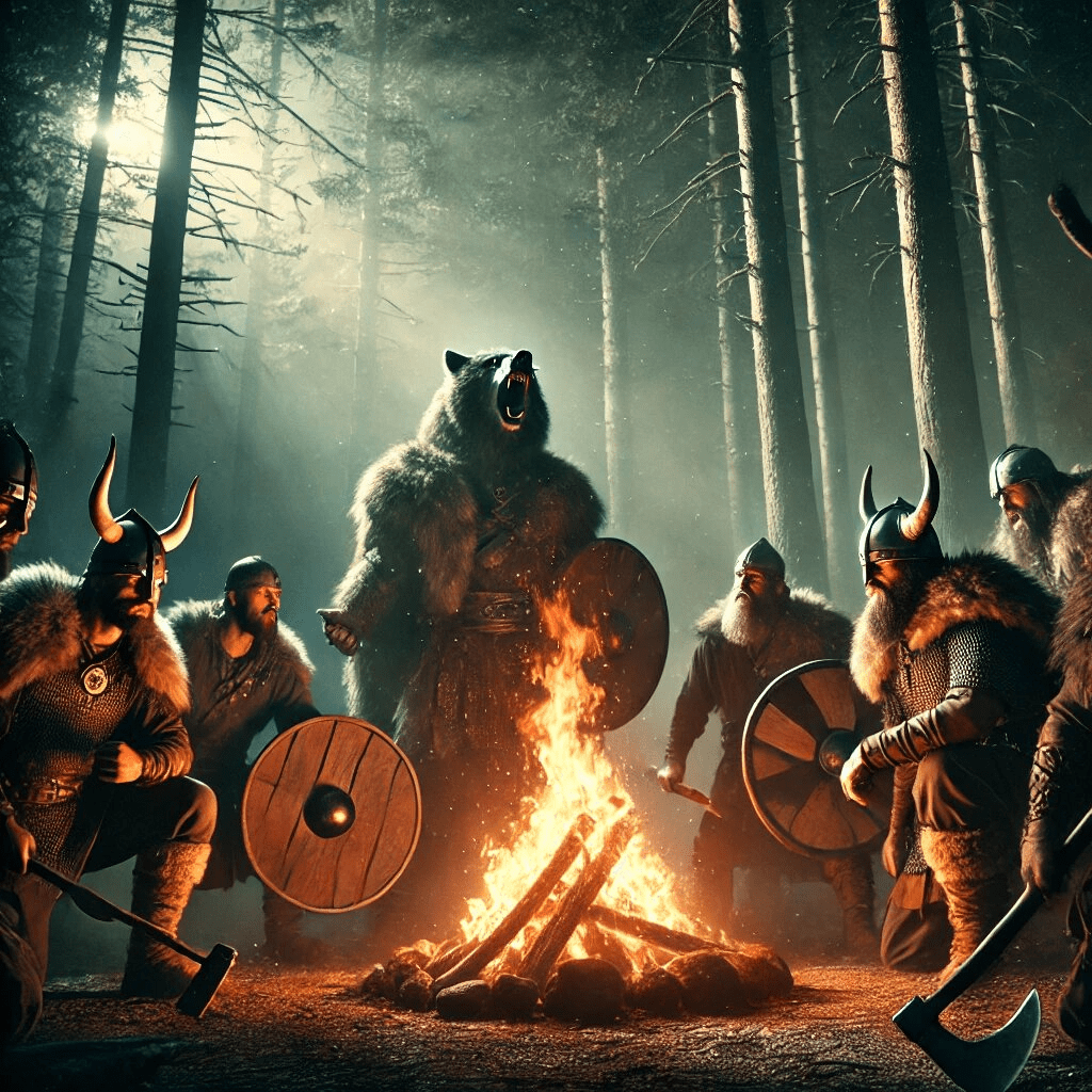 Framed Viking berserker ritual wall art showing warrior in bear pelt by fire