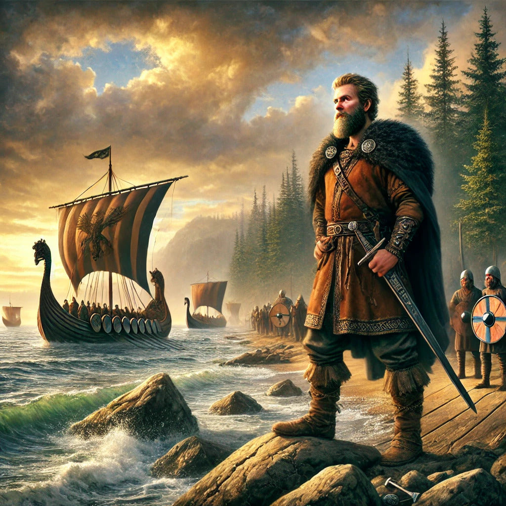 Framed Leif Erikson Viking explorer wall art depicting first landing on new shores