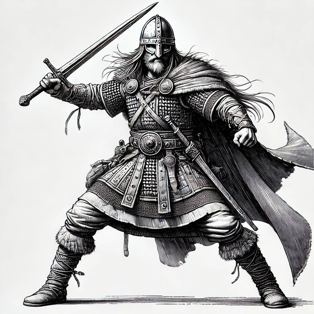 Framed Viking berserker woodcut art print with sword and chainmail