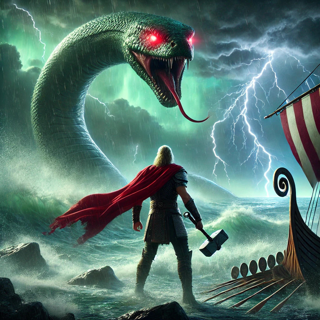 Framed Thor vs Jörmungandr wall art depicting the Ragnarök battle
