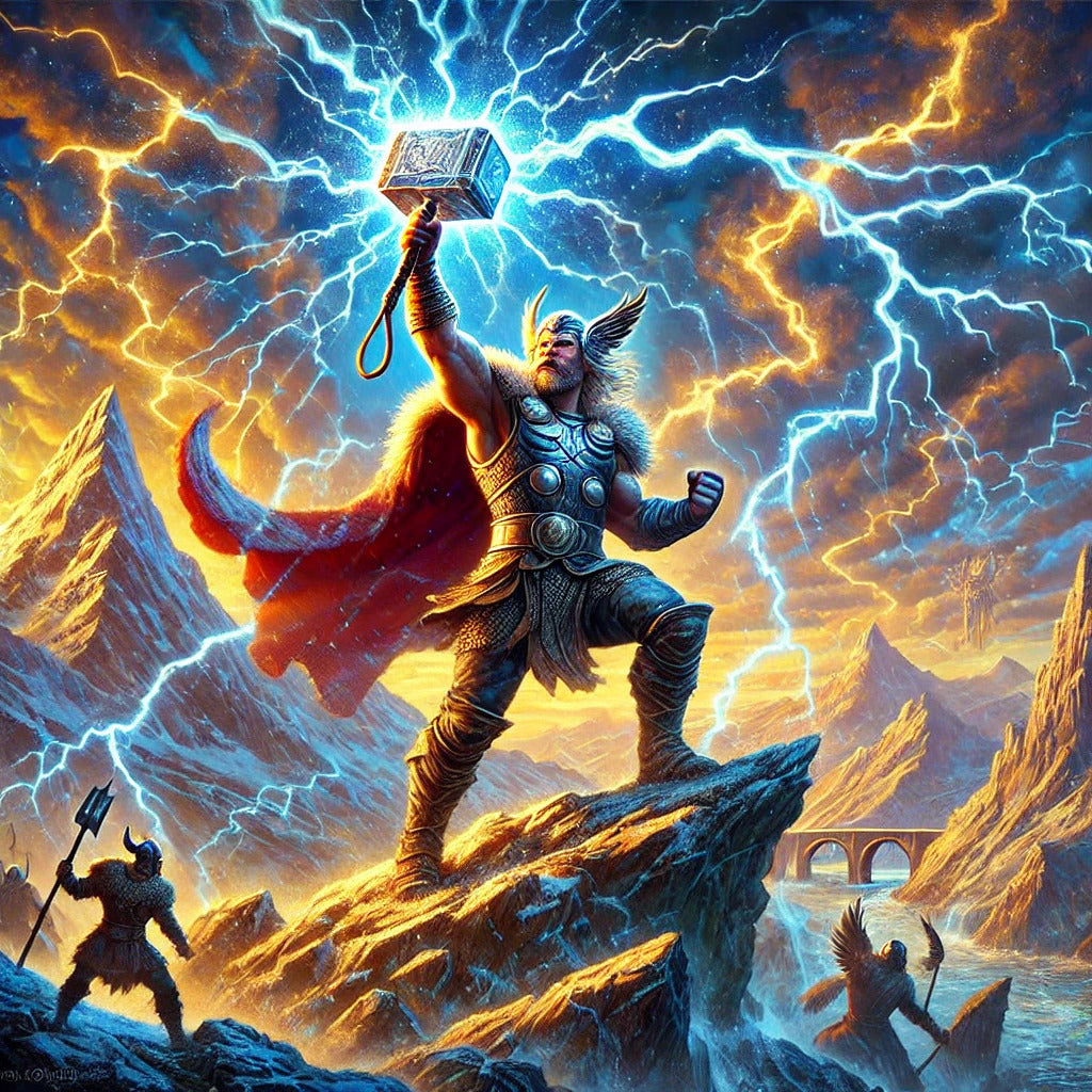 Framed Thor Norse god of thunder wall art with lightning and Mjölnir