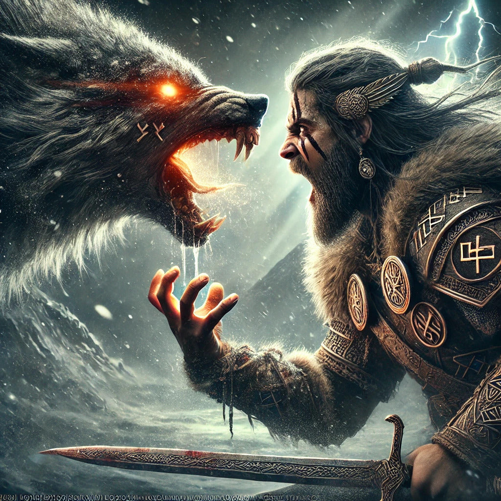 Framed Tyr and Fenrir wall art depicting the binding of the great wolf