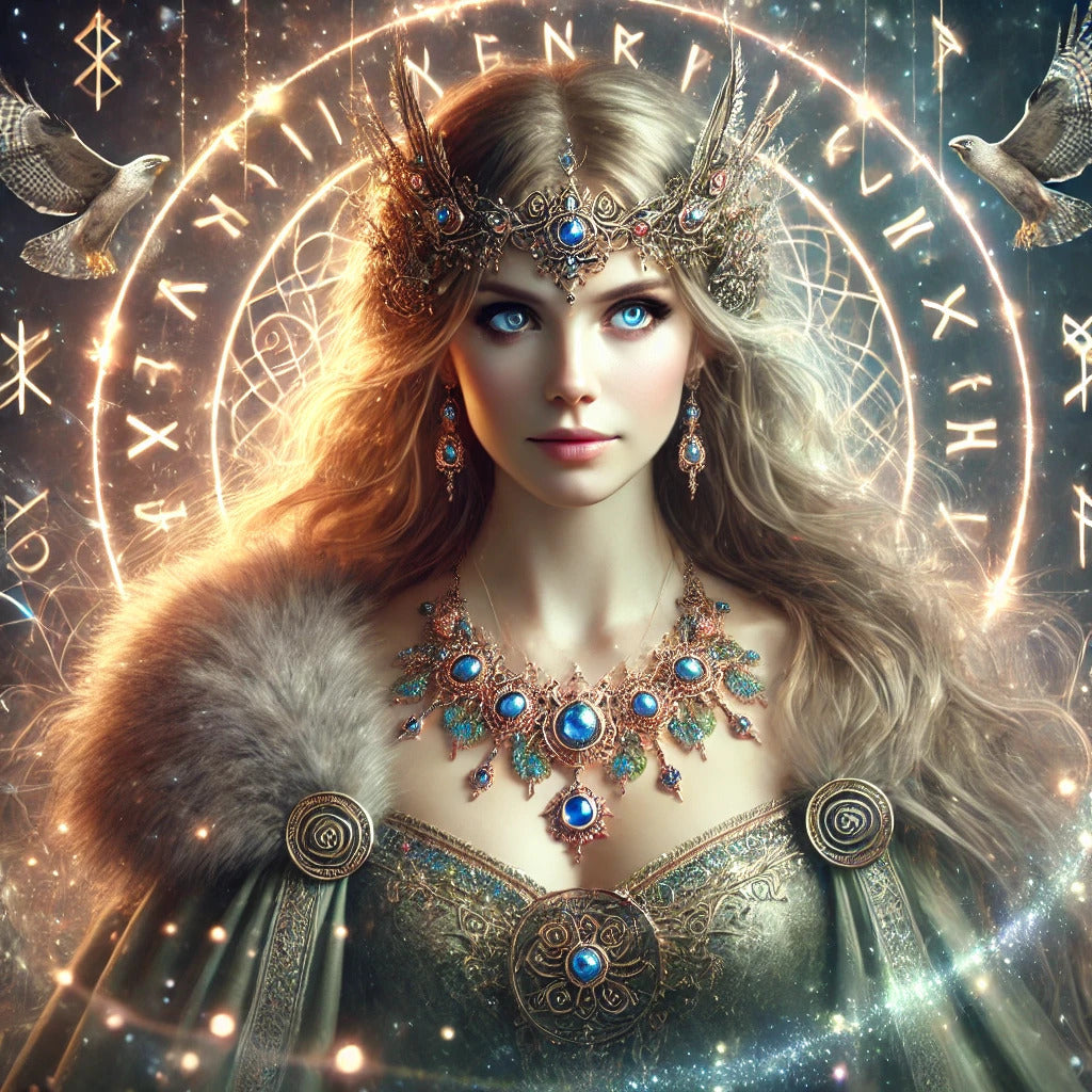 Framed Freya Norse goddess wall art wearing the Brísingamen necklace